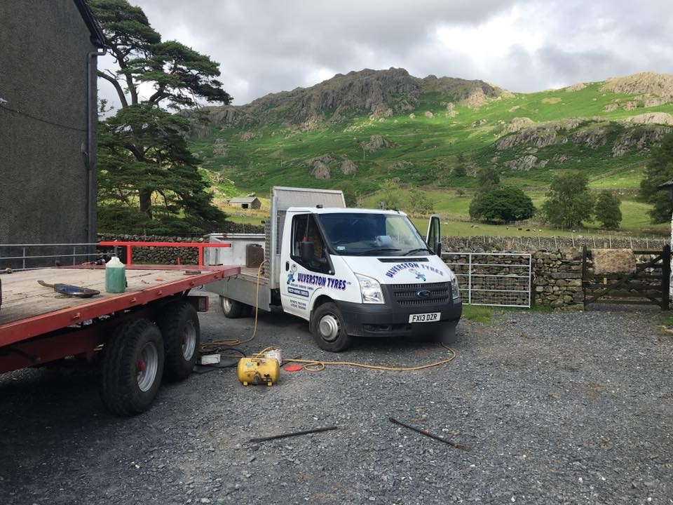The Ulverston Tyres van on a Lake District farm job below the fells