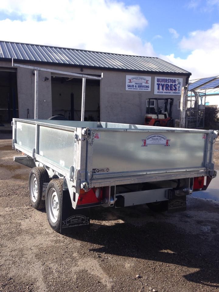 Graham Edwards tipping trailer outside the Ulverston workshop