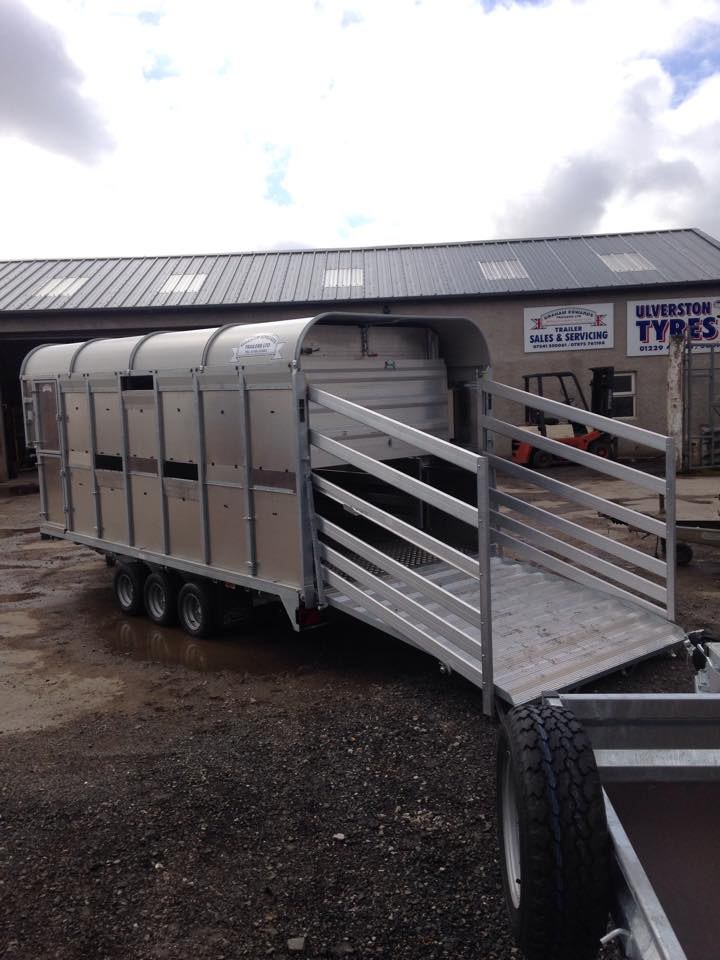 Graham Edwards livestock trailer with its ramp down outside the workshop
